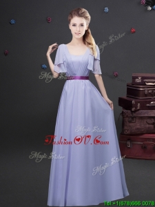 Exquisite Empire Square Belted Long Prom Dress with Short Sleeves