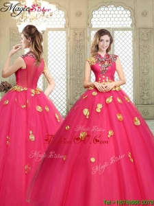 Beautiful High Neck Cap Sleeves Prom Dresses with Appliques