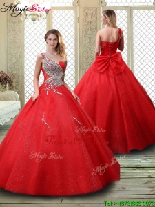 Classical One Shoulder Prom Dresses with Beading in Red
