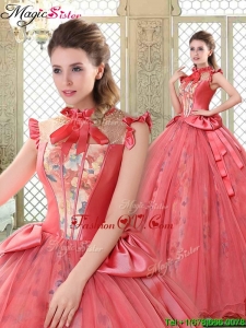 New style High Neck Cap Sleeves Quinceanera Gowns with Bowknot