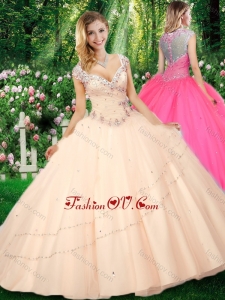 Simple Ball Gown Cap Sleeves Straps Beading Quinceanera Dresses