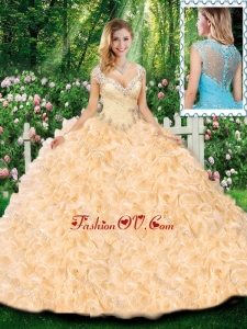 Lovely Ball Gown Cap Sleeves Quinceanera Dresses with Beading and Ruffles for Fall