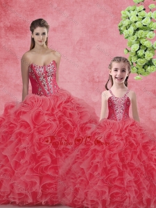 Wonderful Ball Gown Sweetheart Beading Macthing Sister Dresses in Coral Red