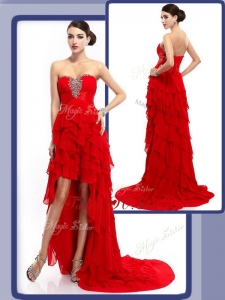 2016 Cheap High Low Beading and Ruffled Layers Evening Dresses in Red