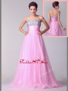 2016 Lovely A Line Brush Train Rose Pink Evening Dresses with Beading for Spring