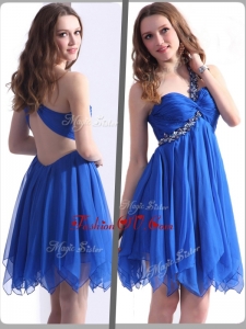 2016 Most Popular One Shoulder Blue Short Prom Dresses with Beading