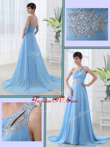 2016 Unique One Shoulder Brush Train Beading Prom Dress with Lace Up