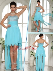 2016 Unique Sweetheart High Low Beading and Paillette Prom Dress in Aqua Blue