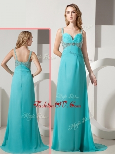 2016 Vintage Empire Straps Beading Turquoise Prom Dresses with Brush Train