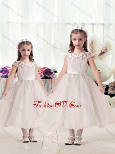 Cheap Cap Sleeves Flower Girl Dresses with Appliques and Belt