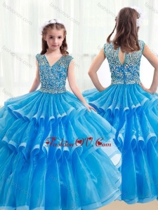 New Style V Neck Baby Blue Little Girl Pageant Dresses with Ruffled Layers