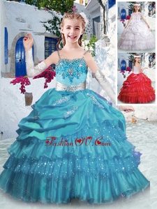 Luxurious Spaghetti Straps New Style Little Girl Pageant Dresses with Ruffled Layers and Appliques