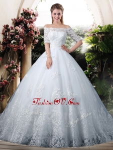 2016 Elegant Ball Gown Off the Shoulder Lace Chapel Train Wedding Dresses with Half Sleeves