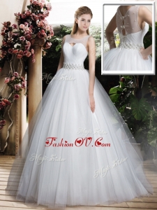 2016 Simple A Line Scoop Wedding Dresses with Beading and Belt