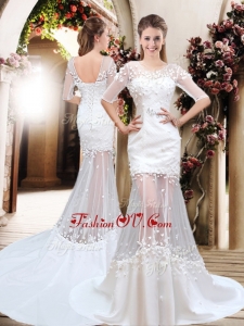 2016 Exquisite Column Scoop Brush Train Appliques Wedding Dresses with Half Sleeves