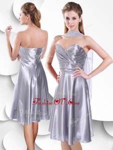 Unique Empire Elastic Woven Satin Silver Prom Dress with Beading and Ruching