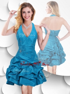 Unique Halter Top Taffeta Teal Prom Dress with Bubles