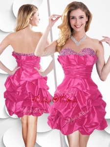 Unique Hot Pink Taffeta Prom Dress with Beading and Bubles