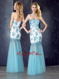 2016 Beautiful Column Applique Aqua Blue Bridesmaid Dress in Tulle