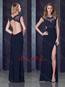 2016 Column Backless Applique Black Bridesmaid Dress with Beading and High Slit