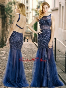 2016 Column Square Beaded Backless Navy Blue Bridesmaid Dress in Tulle
