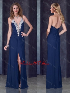 2016 Navy Blue Halter Top Bridesmaid Dress with High Slit and Appliques