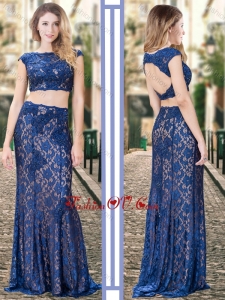 2016 Two Piece Bateau Backless Royal Blue Bridesmaid Dress in Lace