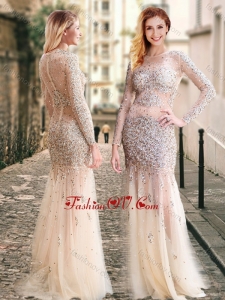 2016 Column High Neck Beaded Champagne Dama Dress with Long Sleeves