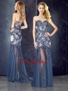2016 Column Navy Blue Dama Dress with Appliques and Beading