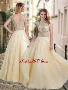 2016 Lovely A Line Beaded Bodice Scoop Dama Dress in Champagne