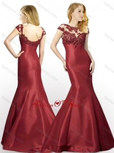 2016 New Arrivals Applique Mermaid Brush Train Satin Dama Dress in Wine Red