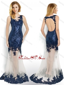 2016 Beautiful Sequined and Applique Navy Blue Prom Dress with Brush Train