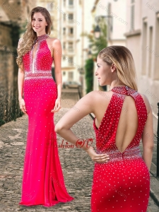 2016 Column High Neck Backless Beaded Coral Red Prom Dress