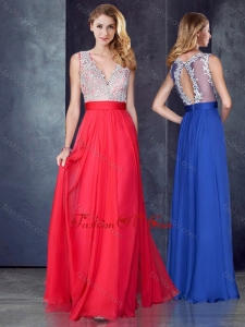 2016 Empire V Neck Red Prom Dress with Appliques and Beading