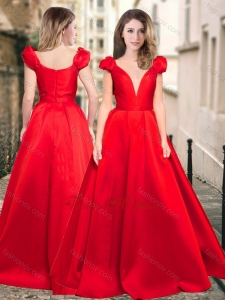2016 Exquisite Deep V Neckline Cap Sleeves Prom Dress in Red