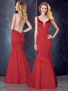 2016 Mermaid Straps Satin Red Prom Dress with See Through Back