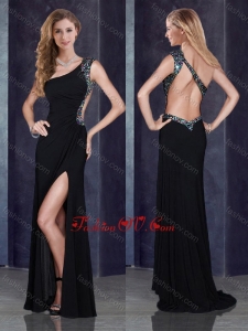 2016 One Shoulder Backless Black Prom Dress with Beading and High Slit