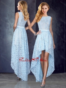 2016 Bateau High Low Light Blue Vintage Prom Dress in Lace