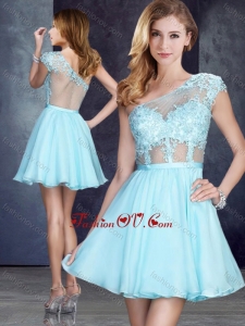 2016 Cheap See Through One Shoulder Applique Vintage Prom Dress in Aqua Blue