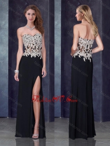 2016 Column Black Vintage Prom Dress with High Slit and Appliques