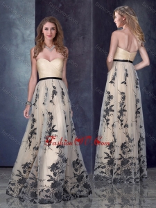 2016 Custom Designed Empire Belted and Printed Vintage Prom Dress in Champagne