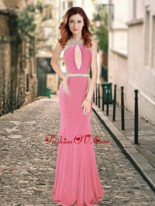 2016 High Neck Beaded Backless Pink Vintage Prom Dress with Brush Train