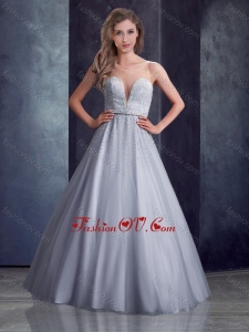 2016 Latest See Through A Line Belted with Beading Vintage Prom Dress in Grey