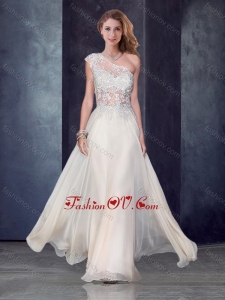 2016 One Shoulder Applique Champagne Vintage Prom Dress with See Through Back