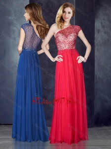 2016 One Shoulder Beaded Coral Red Vintage Prom Dress with See Through Back