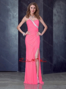 2016 Romantic One Shoulder Pink Vintage Prom Dress with High Slit and Beading