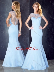 2016 See Through Back Beaded Light Blue Vintage Prom Dress with Cap Sleeves