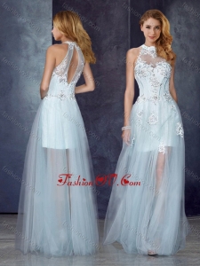 2016 Short Inside Long Outside High Neck Light Blue Vintage Prom Dress with Appliques and Beading