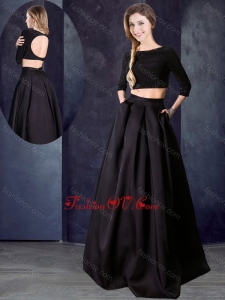 2016 Two Piece Bateau Beaded Black Vintage Prom Dress with Three Fourths Length Sleeves
