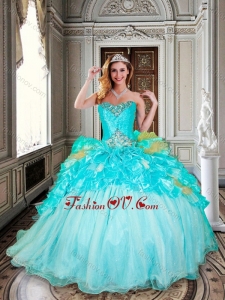 Beautiful Ball Gown Aqua Blue Sweet 16 Dress with Beading and Ruffles